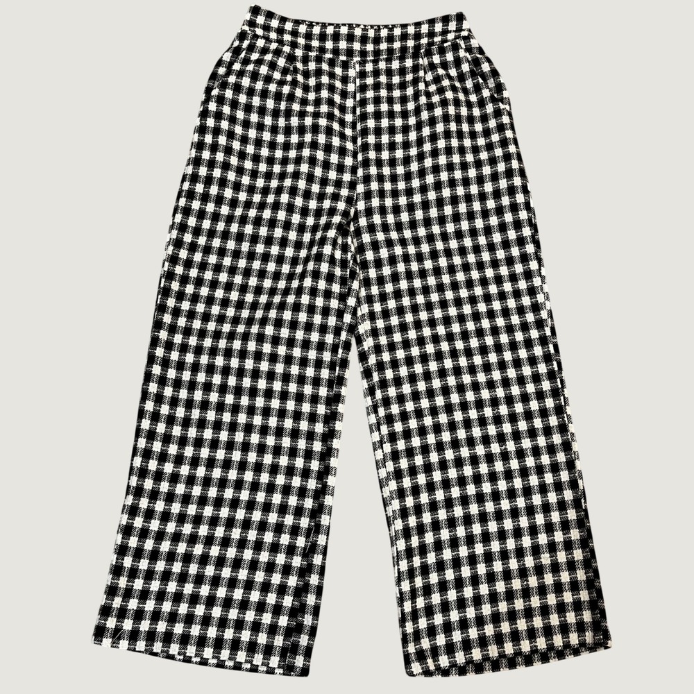 JODIFL Black White Gingham Wide Leg Cropped Pants M Elastic Waist Preppy Mod